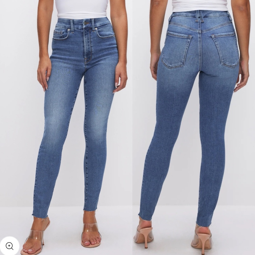 Good American Good Waist Skinny Jeans size 8/29 Medium Blue Wash Raw hem